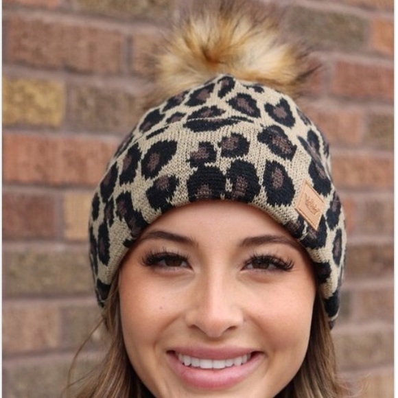 SOLD OUT Leopard Animal Print Knit Faux Fur Pompom Winter Beanie Women's Hat - Picture 2 of 3